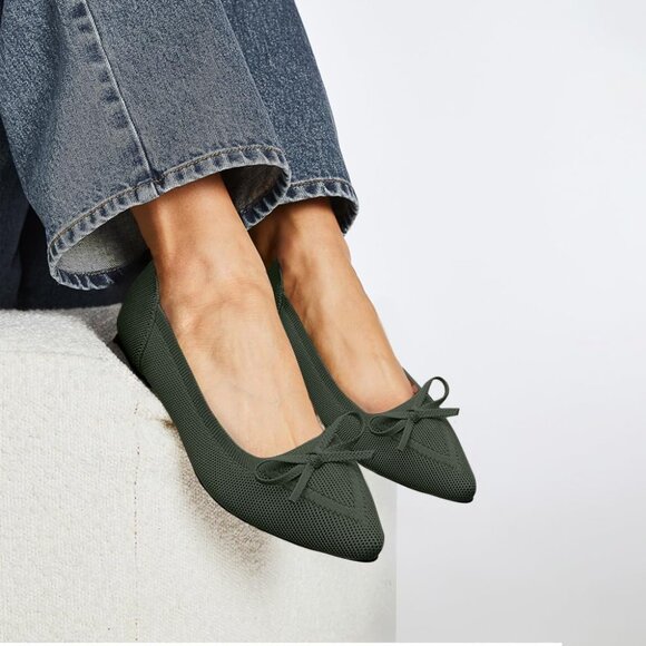 Women Slingback Pointed Toe Green Flats Bow Comfortable Dressy Party Work Shoes - Picture 5 of 6